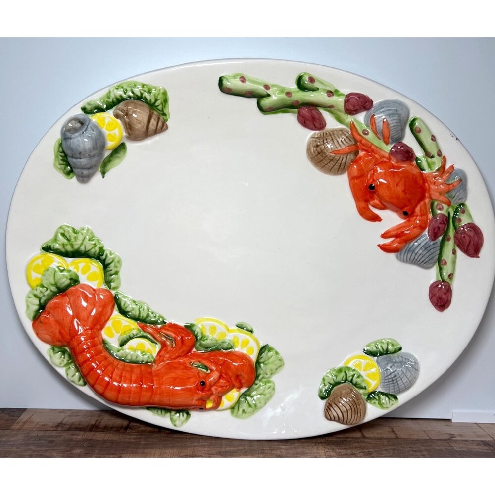 Ceramic Seafood-Themed Oval Platter With Lobster & Crab Design Large 3D